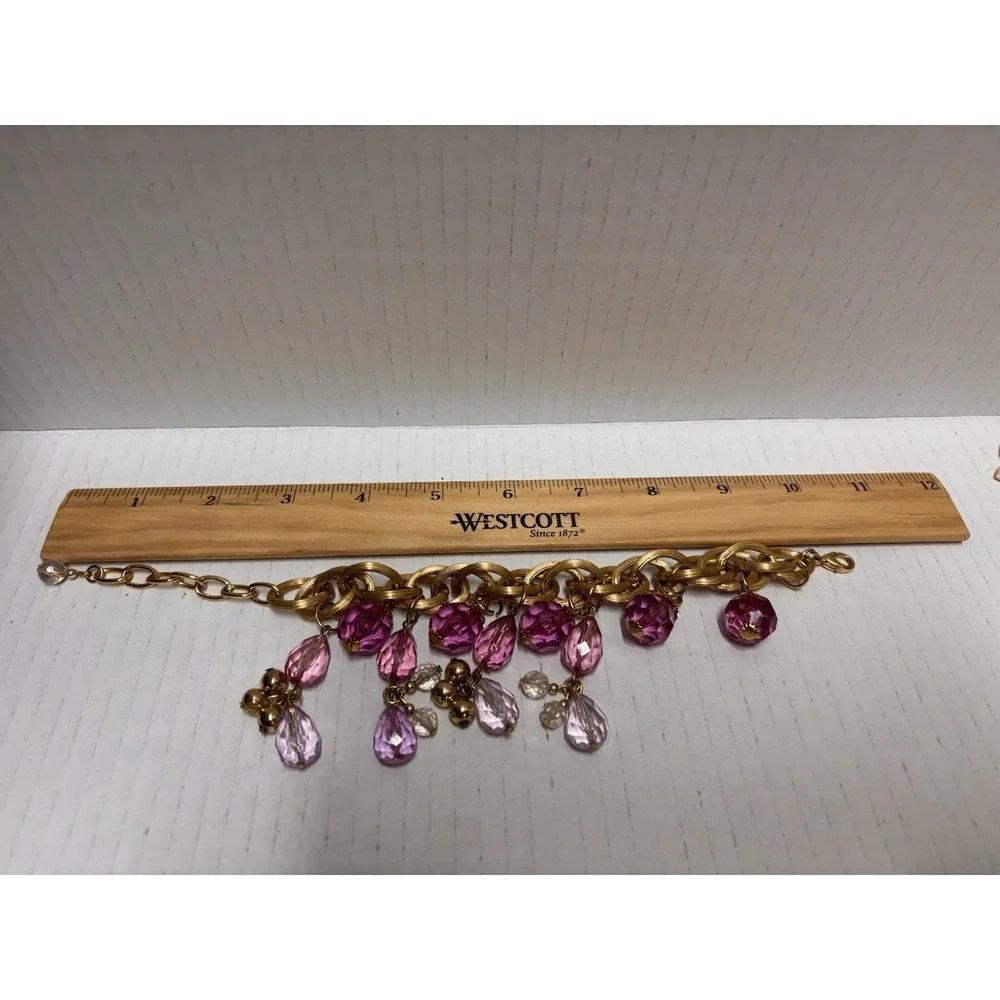 Bracelet‎ Gold Tone Dangling Pink Lilac Plastic Beads Charms Festive look